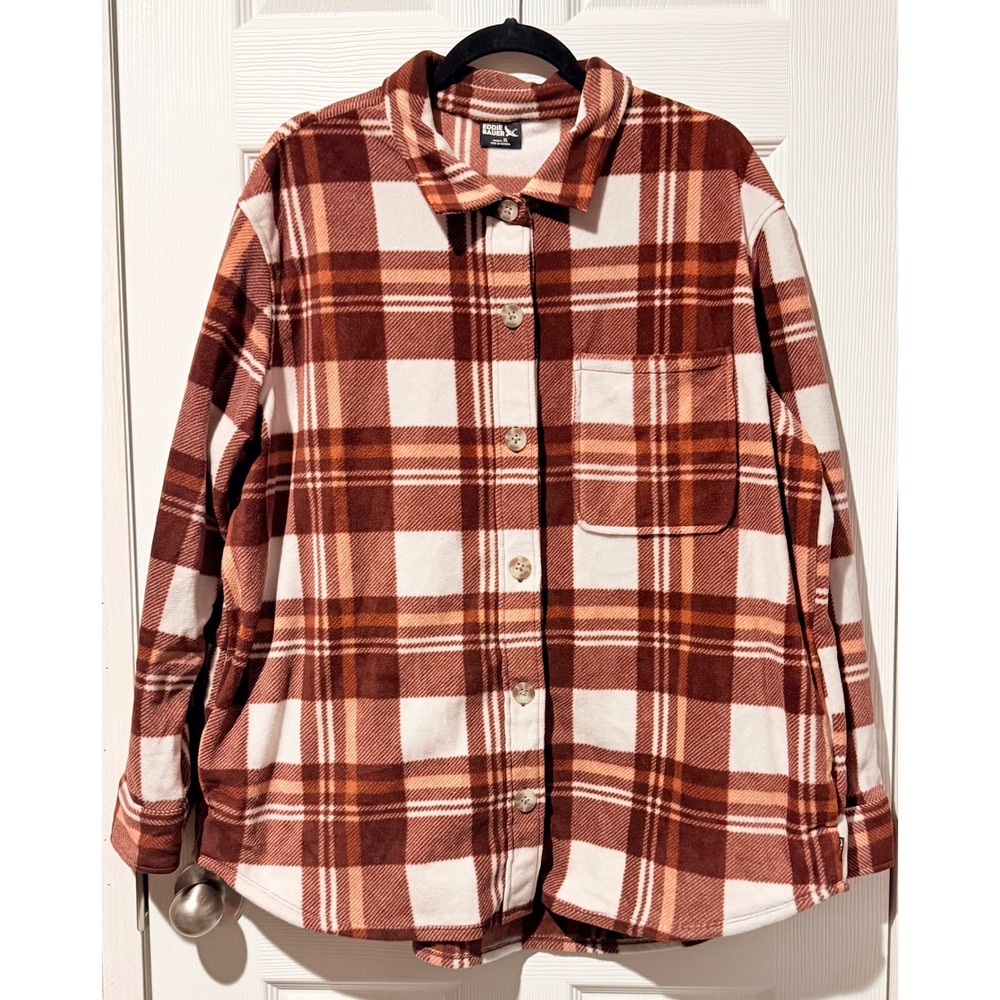 Eddie Bauer Womens XL Microfleece Button Up Shirt Plaid Brown Orange 1724429